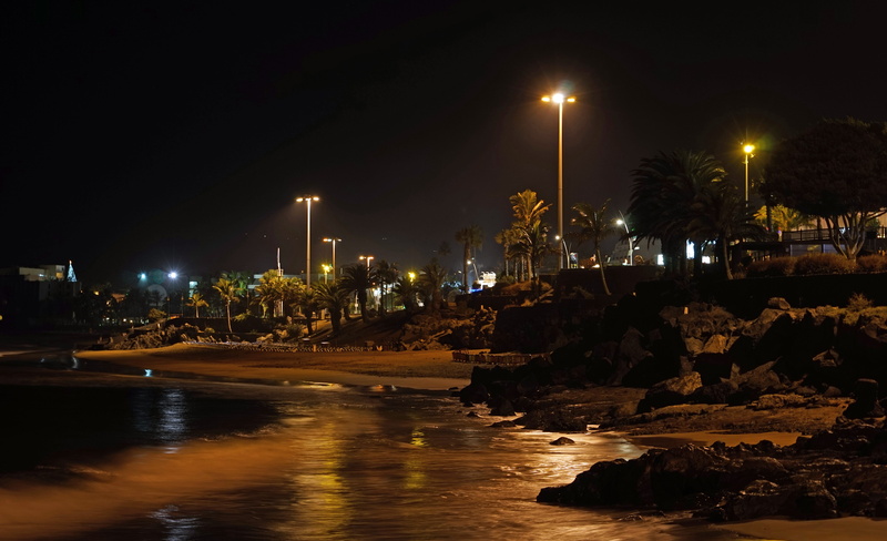 Promenade, Night, street, nature, puerto del carmen, bridge, illuminated, sea, reflection, street light, building exterior, office building exterior, skyscraper