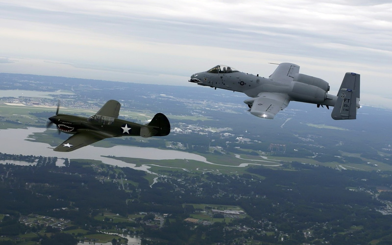 water, flying, sky, air force, day, jets, Fairchild Republic A-10 Thunderbolt II, mode of transportation, Curtiss P-40 Warhawk, army, surveillance, air vehicle