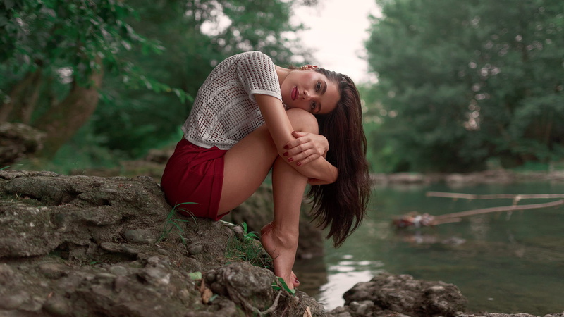 1080P, contemplation, Federico Ravasio, short shorts, water, rock - object, young adult, feet, white tops, young women, full length, face, women, forest