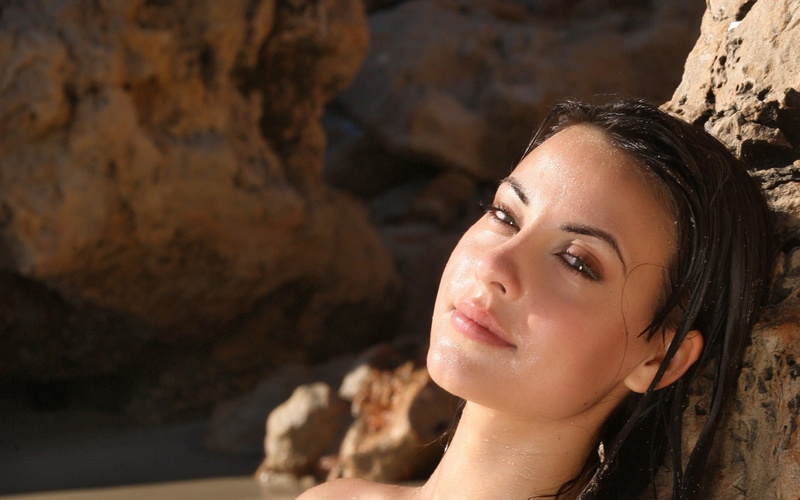 1080P, hair, young women, human face, looking, green, one person, outdoors, wet, garcia, adult, brunettes, eyes, rock, headshot, portrait, nature, young adult