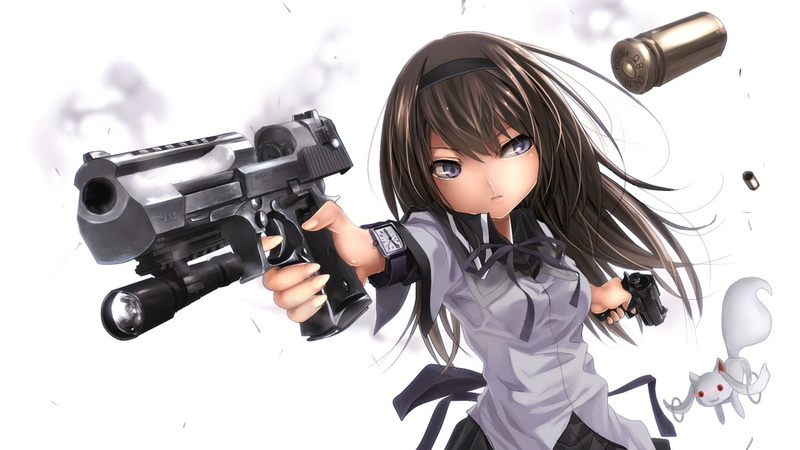 aiming, Mahou Shoujo Madoka Magica, haired, anime girls, girl, cut out, innocence, white background, front view, childhood, 1080P, waist up, weapon, character