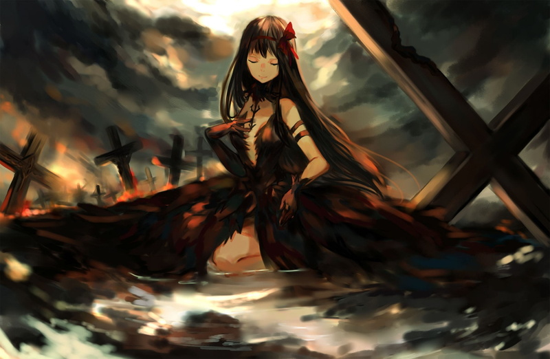 one person, outdoors, Mahou Shoujo Madoka Magica, fashion, anime, sky, sunset, beautiful woman, Akemi Homura, real people, lifestyles, young adult, women