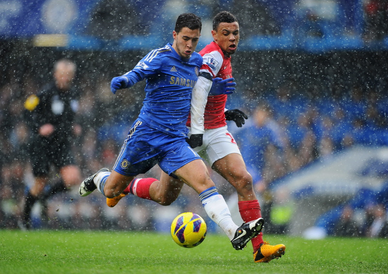 the ball, effort, kicking, outdoors, athlete, soccer field, playing, soccer player, Eden hazard, soccer ball, two people, sport, chelsea, sports clothing