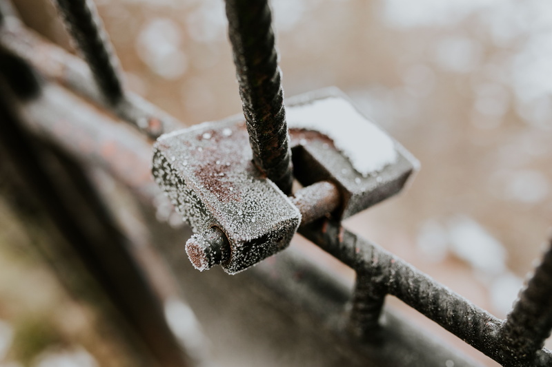 bars, selective focus, behind, steel, winter, metal, 5K, plant, beauty in nature, frost, focus on foreground, close-up, rusty, branch, cold temperature