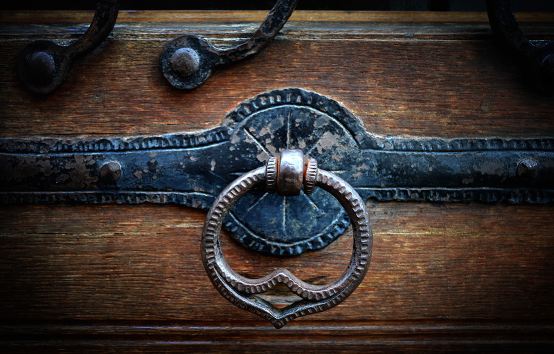 security, access, close-up, metal, art and craft, closeup, knob, door knocker, weathered, gray, wooden door, shape, day, door handle, wood, no people, old