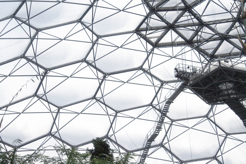Photoshop, building exterior, stair, shape, 4K, sky, metal, nature, the eden project, architectural feature, backgrounds, low angle view, design, landscape