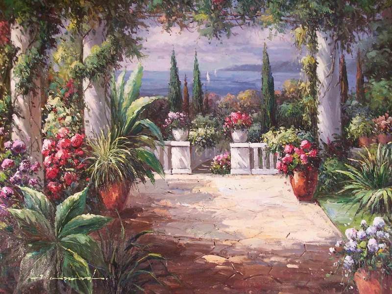 garden, awakening, pots, morning, floral, painting, view, flowers, scenic, 3d and abstract, vines, eden, pillars, flower, courtyard, 1080P, planters