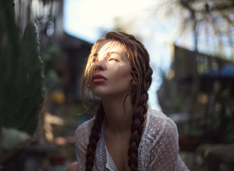 beautiful woman, adult, 1080P, brown hair, women, young adult, young women, beauty, front view, sun rays, braids, hair, focus on foreground, headshot