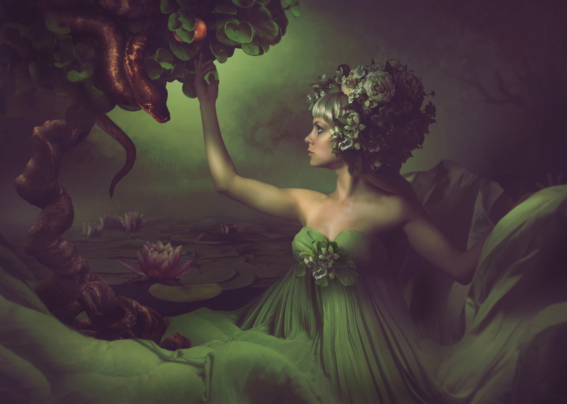 Fantasy, 2K, Water Lily, Manipulation, Snake, Woman, Photography, Apple, Garden Of Eden