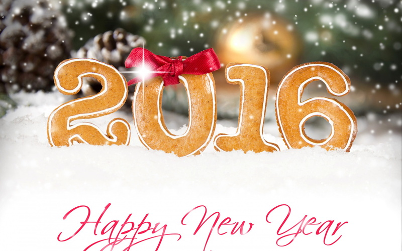 holiday, Happy New Year, 2K, red, typography, bow, 2016, happy, bokeh, new, inscription, New Year, year, snowflakes, snow, glare
