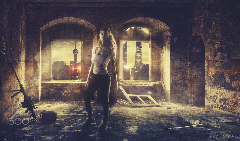 weapon, women, rear view, old, young adult, full length, indoors, futuristic city, one person, Mehdi Mostefaï, built structure, architecture, brick, cityscape