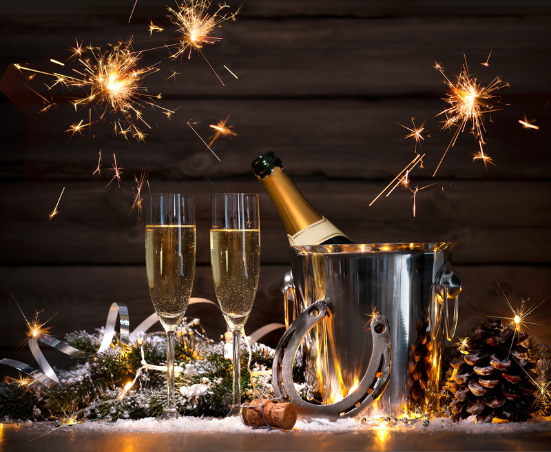 stainless, bottle, bucket, champagne, glasses, ice, Happy, 5K, golden, New Year, 2016, steel