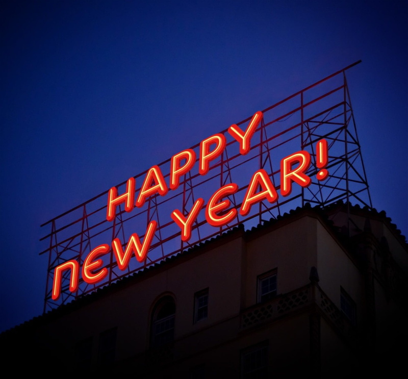 celebration, lights, western script, dusk, happy new year, low angle view, nobody, party, newyears, blue, text, sign, capital letter, night, lighting, building exterior