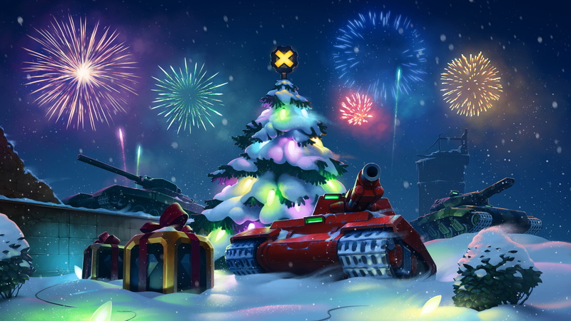new year, garland, xmas, gifts, salute, tankix, 4K, merry cristmas, game, snow, tanks, tree, red, mood, box