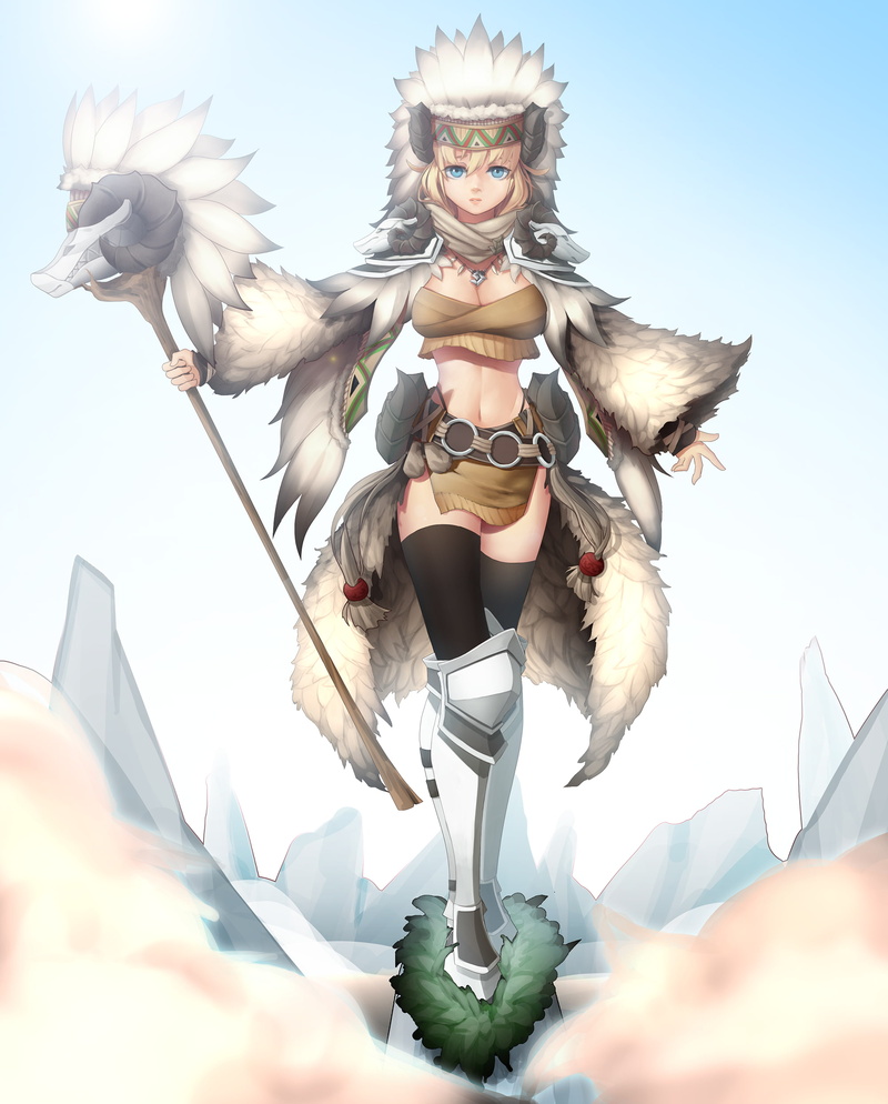 weapon, 1080P, aqua eyes, blonde, stockings, anime, open shirt, druids, anime girls