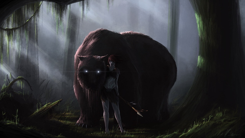 beast, spear, burning eyes, art, 1080P, girl, forest, monster, druid
