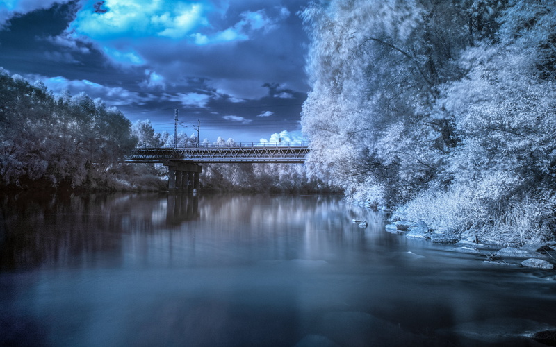 nature, R72, photo, bridge - Man Made Structure, gray scale, omd, Bridge, gray, winter, m1, scale, olympus, IR, tree, Hoya, 4K, river, lake, water