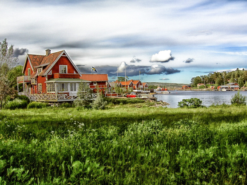 outdoors, house, village, alno, hdr, built structure, day, body of water, 2K, houses, near, residential district, scenics - nature, green color, summer