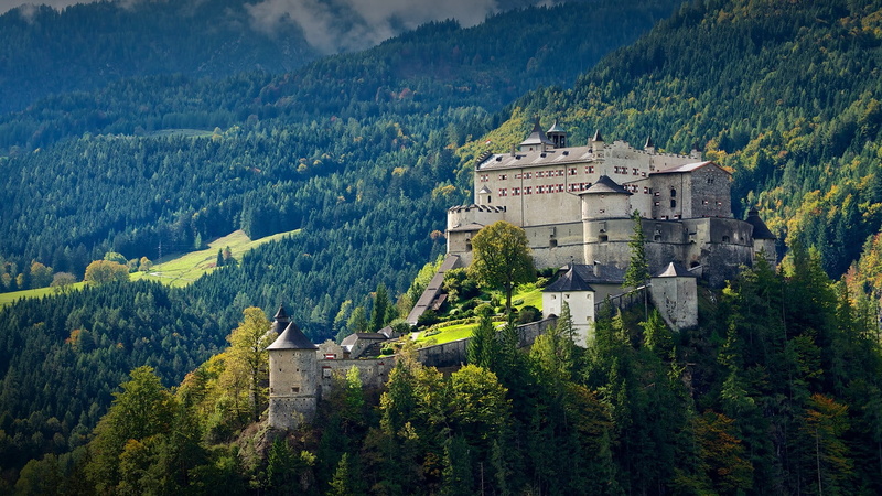 Austria, clouds, landscape, 1080P, forest, trees, mist, Hohenwerfen Castle, nature, architecture