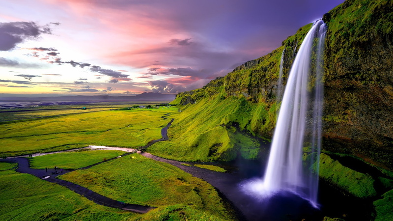 seljalandsfoss, hill, water, nature, chute, 1080P, grass, sky, landscape, iceland, waterfall