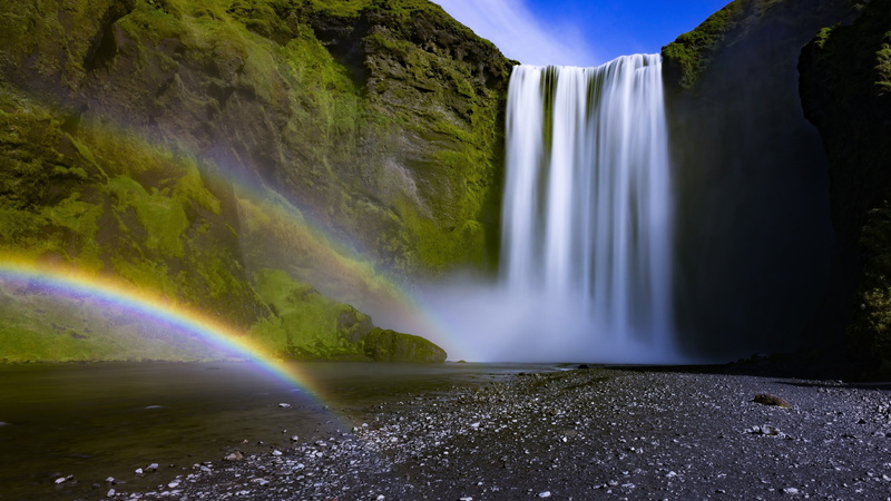 rainbow, water, moss, power in nature, seljalandsfoss, travel, clean, travel destinations, stream - flowing water, rocks, Nature, environment, idyllic