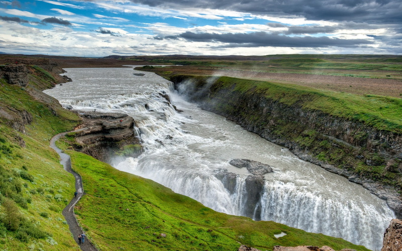 waterfall, outdoors, gullfoss, land, flowing water, day, plant, rock, beauty in nature, cloud - sky, motion, landscape, river, long exposure, Iceland, power in nature