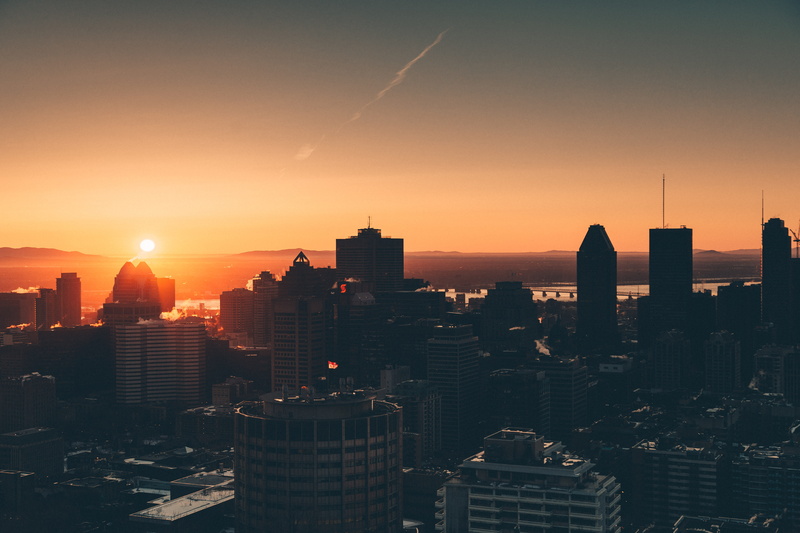sunlight, sunset, city, no people, modern, 5K, red, office building exterior, built structure, outdoors, blue, montreal, skyscraper, residential district