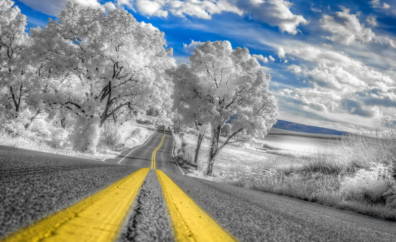 marking, no people, snow, tree, winter, concrete, transportation, landscape, diminishing perspective, cloud - sky, road, gray, white, road marking, dividing line