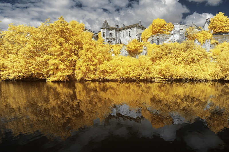 nature, reflection, infrared, landscape, 720P, architecture, old building, trees, castle, lake, clouds, ancient