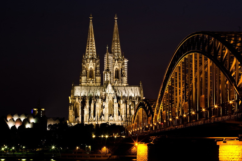 Kolner Dom, Hohenzollern Bridge, Night, Rhein, hohenzollern, Cologne Cathedral, World, Cologne, 1080P, germany, bridge, Rhine, river, church, city