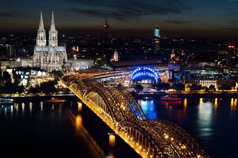 5K, 5K, Cologne, Europe, Hohenzollern bridge, Cologne Cathedral, night, Germany