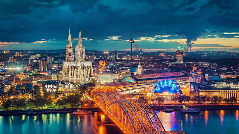 Cologne, Cologne Cathedral, city, night, 1080P, bridge, Germany, cityscape