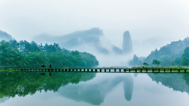 mountain, tranquility, idyllic, sky, zhejiang, tranquil scene, outdoors, tree, waterfront, beauty in nature, china, water, reflection, no people, day, 4K