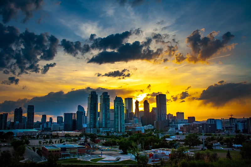 cloud - sky, building, residential district, financial district, city life, orange color, tall - high, landscape, alberta, office building exterior, sky