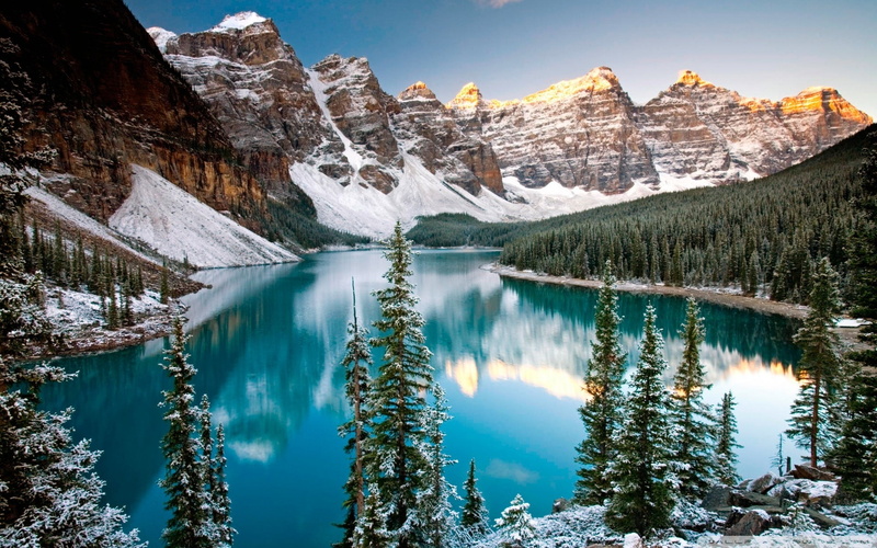 Canada, surrounded, Lake, Alberta, Winter, blue, pine, trees, near, mountains, 1080P
