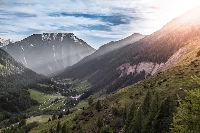 mountain, environment, non-urban scene, tranquility, Switzerland, green color, sun rays, day, forest, plant, tranquil scene, no people, house, nature, valley