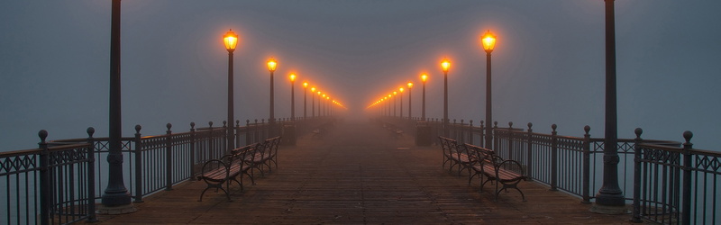 railing, mist, connection, 4K, sky, light, bridge, built structure, pier, no people, the way forward, lantern, illuminated, street light, street, diminishing perspective