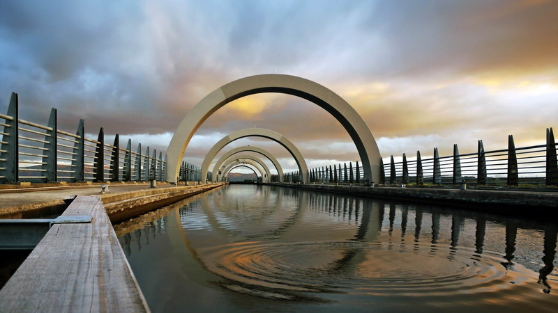 clouds, no people, connection, fence, sky, bridge, wheels, ripples, railing, footbridge, reflection, UK, canal, water, Scotland, 1080P, nature, sunset