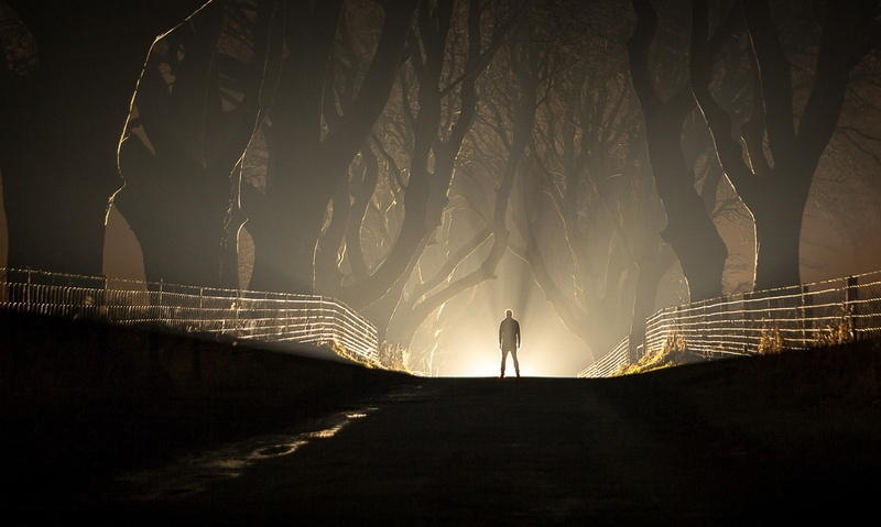 mist, connection, bridge - man made structure, footpath, night, men, railing, lights, tree, diminishing perspective, leisure activity, standing, full length