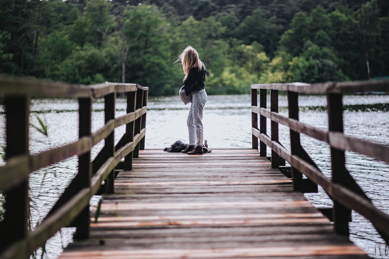 railing, woman, 4K, pier, wooden pier, female, full length, caucasian Ethnicity, adult, people, jacket, tree, one Person, beautiful, lifestyles, watermelon
