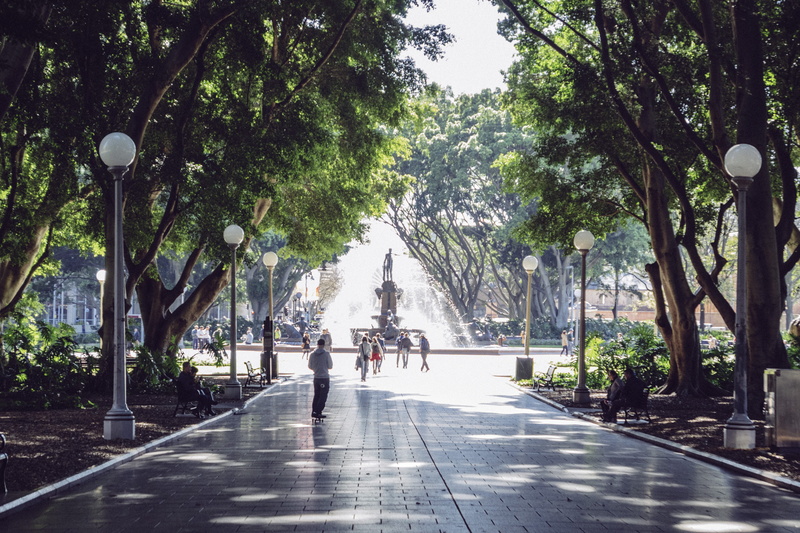 bench, plant, tree, architecture, park, fountain, growth, outdoors, women, road, street, adult, real people, light, street light, group of people, treelined