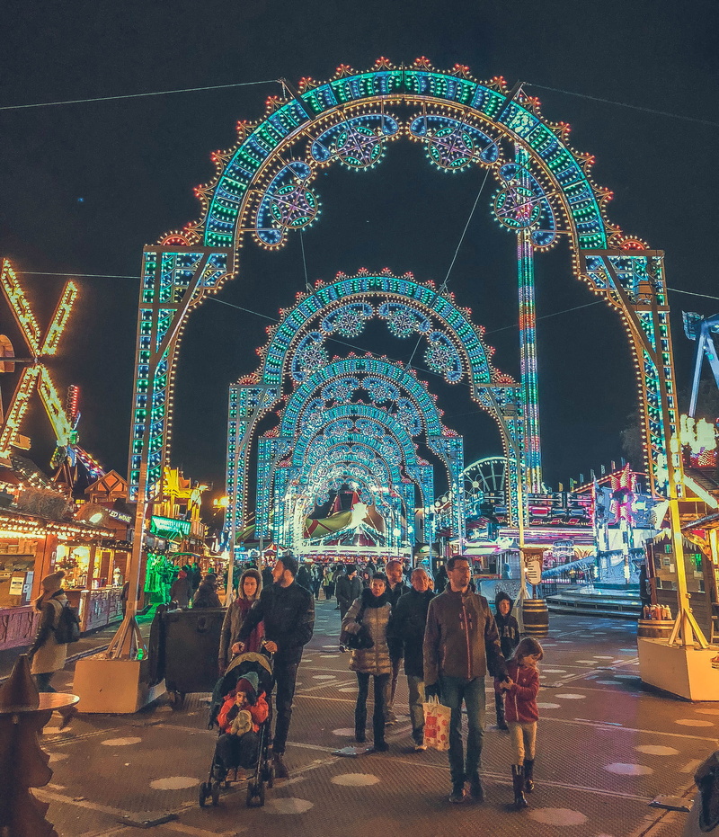 festival, united kingdom, hyde park, crowd, architecture, light, england, christmas lights, sky, amusement park ride, winter, decoration, arts culture and entertainment