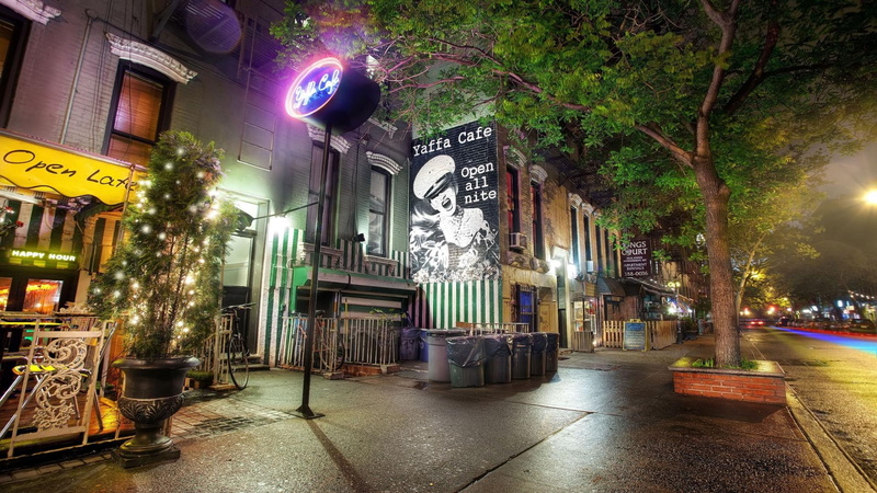 nyc, night, yaffa, lights, cafe, village, tree, street, 1080P, nature and landscapes, greenwich