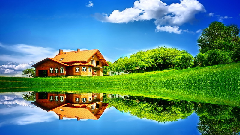 season, river, holiday, day, trees, horizon, tranquility, park, building, landscape, meadow, nature, reflection, building exterior, sunny, house, countryside