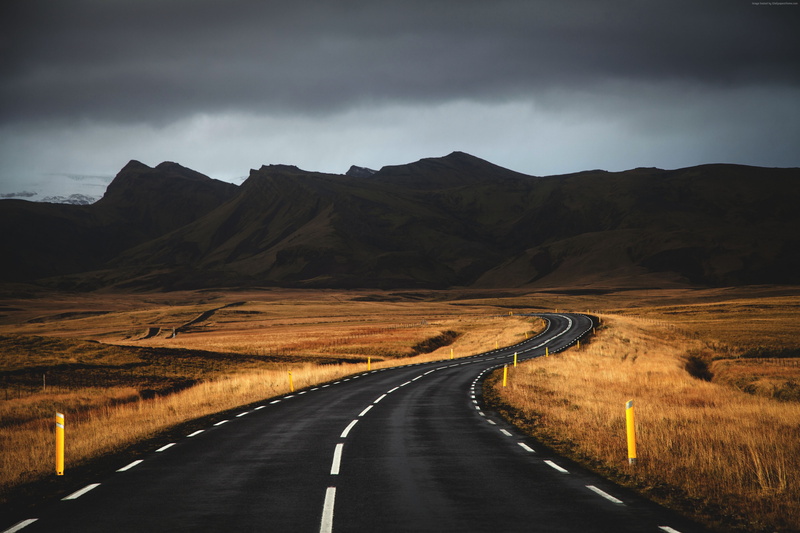 empty road, transportation, Iceland, sky, landscape, marking, direction, environment, mountain, dividing line, nature, 5k, road marking, 4K, clouds, mountain range