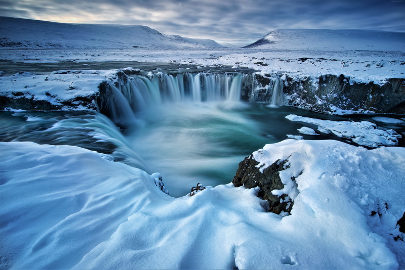 Iceland, 5K, 5k, Godafoss, waterfall, winter