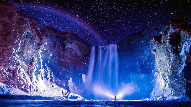 rainbow, starry, 1080P, iceland, night, earth, starry night, night sky, skógafoss, landscape, waterfall, skogar, skogafoss