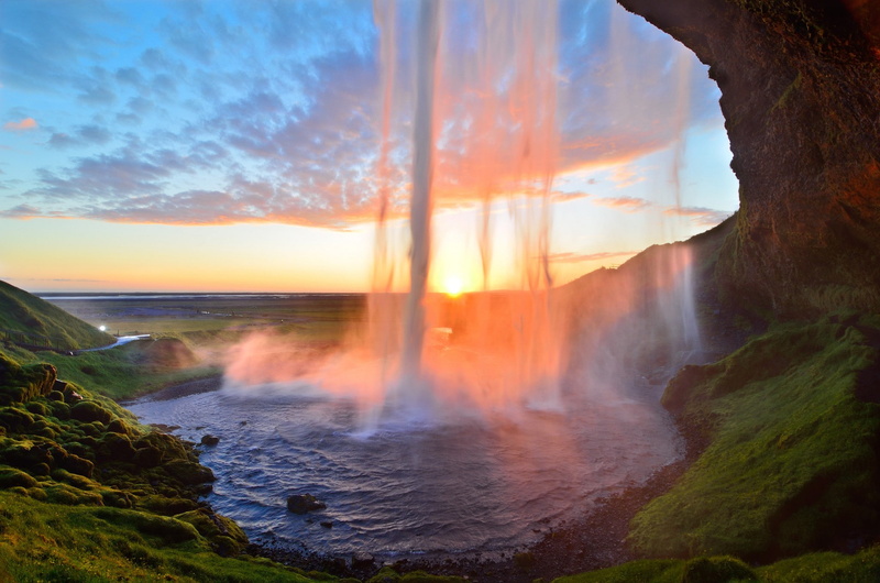 waterfall, nature, sunset, Iceland, 1080P
