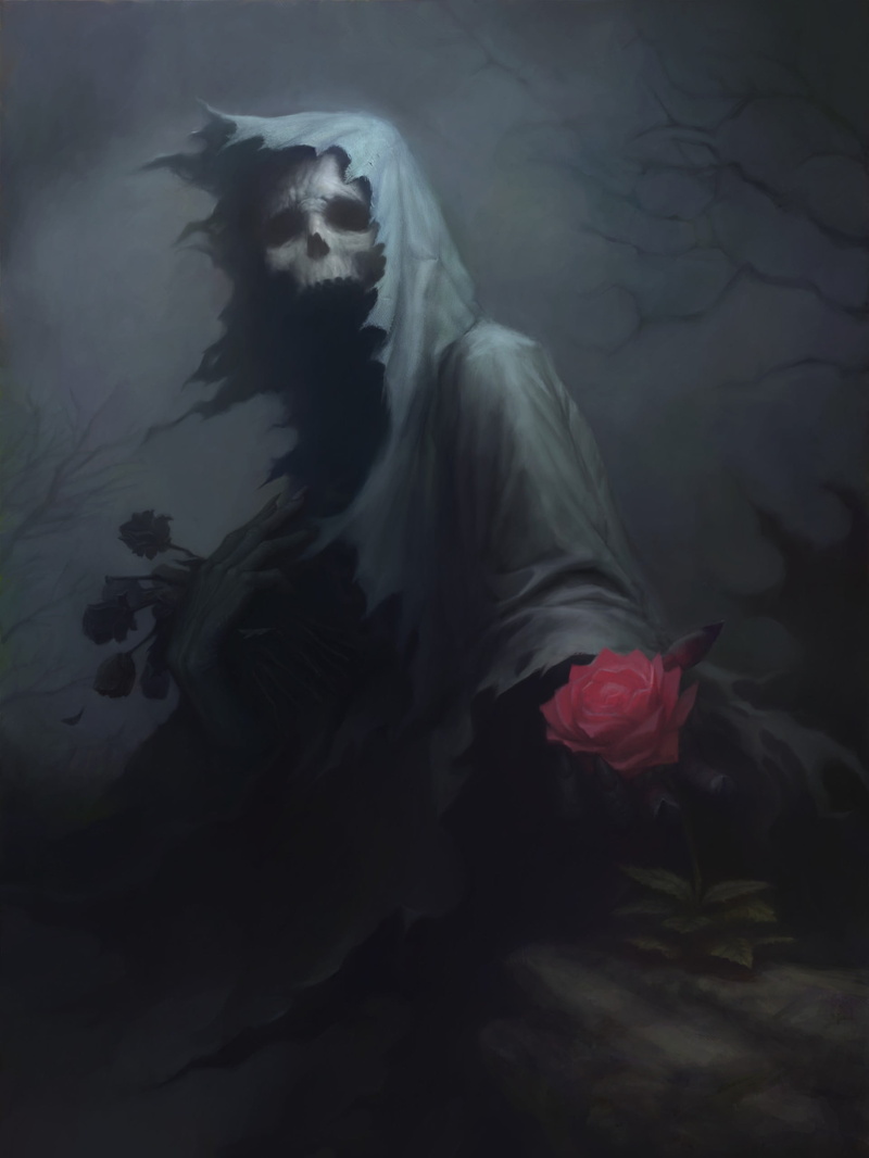 mystery, fantasy, digital composite, ghost, flower, adult, real people, drawing, portrait, women, horror, bizarre, skull, dark, outdoors, fantasy art