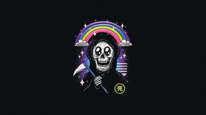 1080P, skull, rainbows, artwork, Grim Reaper